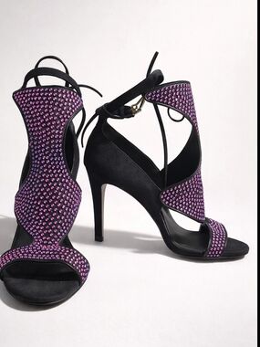 Bebe Ainsley Gladiator Ruby AB Crystal Rhinstone Stiletto Heel Sandals Size 7